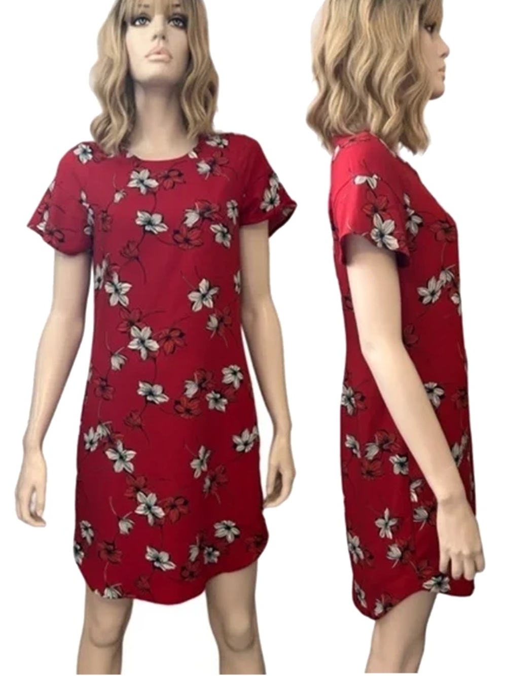 Banana Republic Shift Dress Red Hibiscus Print Fluted Sleeve Rounded Hemline